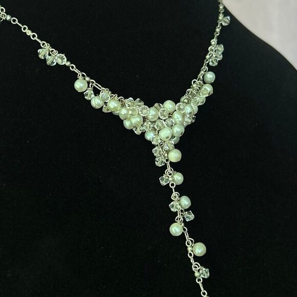 Vintage Sterling Silver, Pearl, and Glass Cluster Y Drop Necklace 16” + 4” Drop - Picture 3 of 5